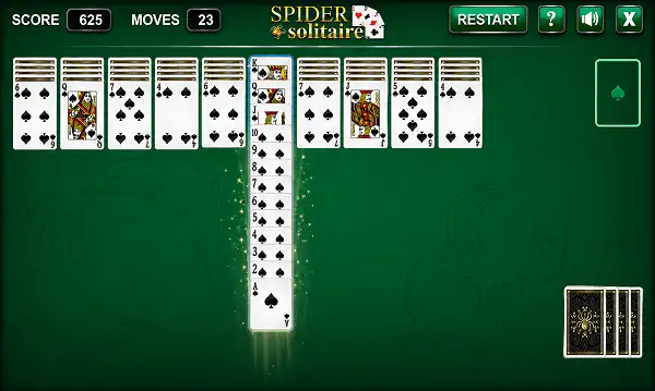 Spider Solitaire - Play Free Online (1, 2 & 4 Suit Modes) A completed King-to-Ace sequence being removed in Spider Solitaire