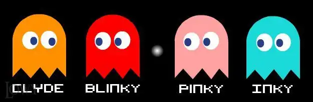 All four Pac-Man ghosts — Blinky, Pinky, Inky, and Clyde — in the Google Doodle maze
