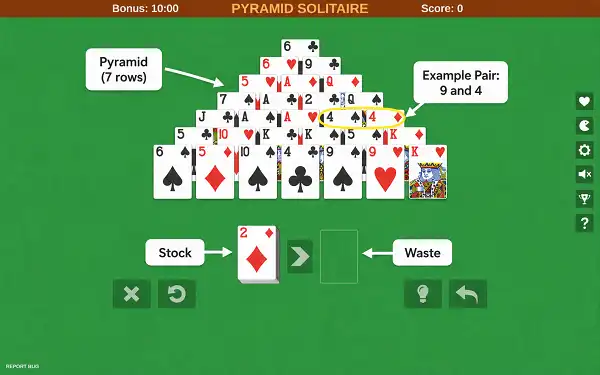 Pyramid Solitaire - Free Card Game Online Diagram of Pyramid Solitaire layout showing the pyramid, stock, and waste pile with an example 13 pair