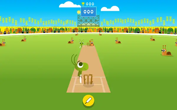 Doodle Cricket game showing cricket bug batsman facing snail bowler with fielders on pitc