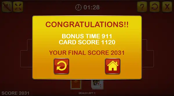 End of game score screen in TriPeaks Solitaire