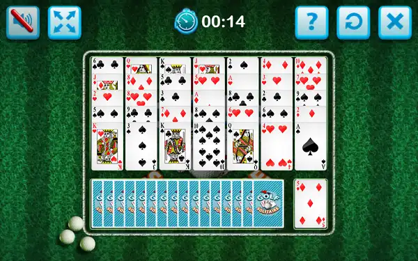 Golf Solitaire board showing seven columns of face-up cards with stock and waste pile