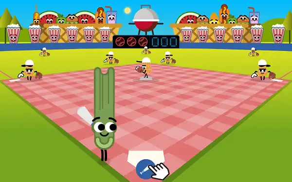 Google Doodle Baseball game showing food character at bat against peanut pitcher with crowd in stands