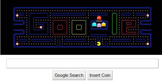 Best Google Doodle Games of All Time (Ranked) Google Pac-Man Doodle 2010 showing Google-logo-shaped maze with Pac-Man and four ghosts