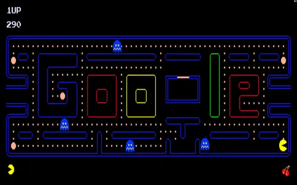 Google Pac-Man Doodle showing blue vulnerable ghosts after power pellet eaten