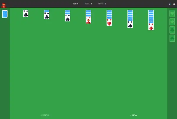Google Solitaire game board at the start of a new game showing all seven tableau columns and empty foundation piles