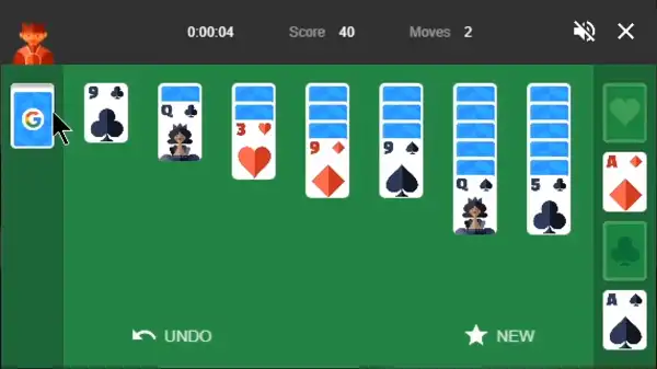 Google Solitaire mid-game showing strategic board state with partially filled foundations and revealed tableau