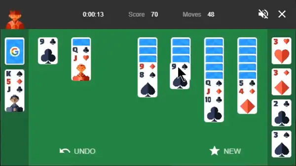 Google Solitaire showing a face-down card being revealed after moving the card above it