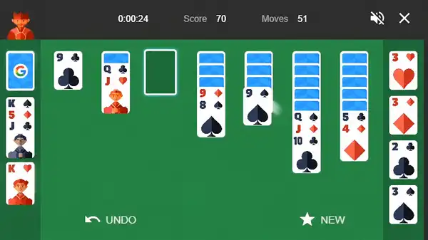 Google Solitaire showing an empty tableau column with two King options to consider