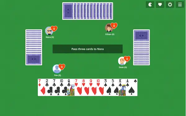 Hearts card game in progress showing four players, cards dealt, and current trick on table