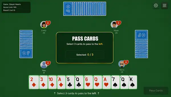 Hearts card game showing card selection during the passing phase
