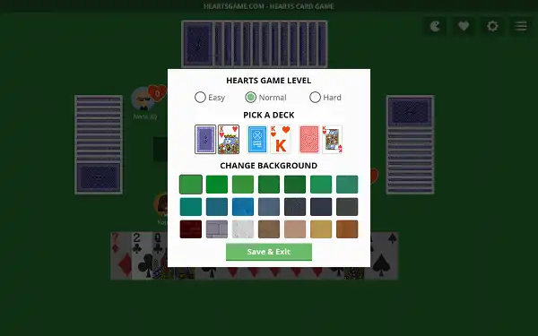 Hearts game settings panel showing difficulty levels, card designs, and background options