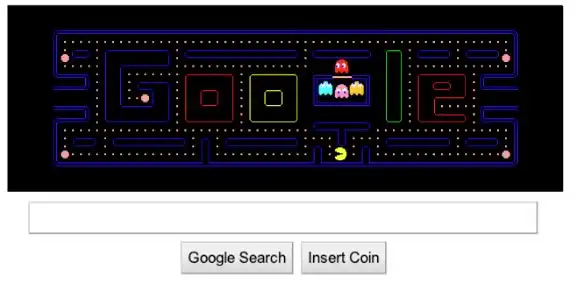 Original 2010 Google Pac-Man Doodle homepage showing Insert Coin button
