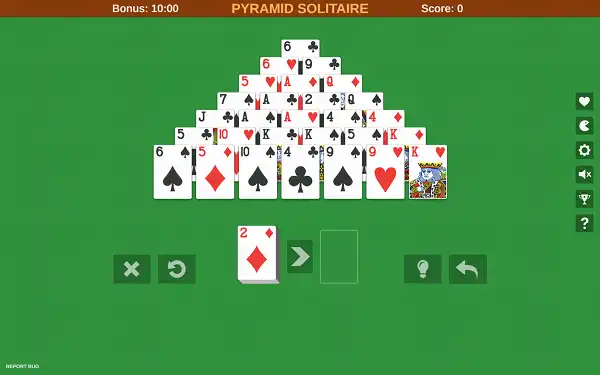 Pyramid Solitaire - Free Card Game Online Pyramid Solitaire board with cards arranged in a pyramid, stock, and waste pile