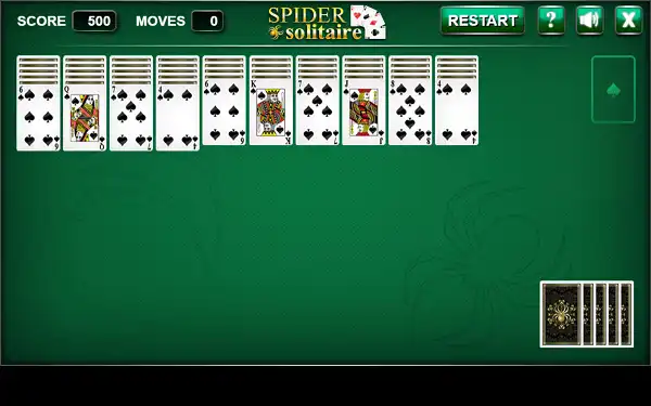 Spider Solitaire - Play Free Online (1, 2 & 4 Suit Modes) Spider Solitaire game board with ten tableau columns in 1-suit mode