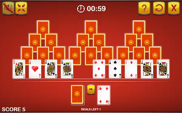 TriPeaks Solitaire board showing three overlapping peaks and the waste pile