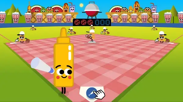Best Google Doodle Games of All Time (Ranked) Google Doodle Baseball showing a character at bat against peanut pitcher on Independence Day