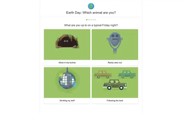 Google Earth Day Quiz - Play Free Online Google Earth Day Quiz screenshot showing a question with four animal-themed answer choices