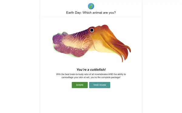 Google Earth Day Quiz - Play Free Online A quiz result screen showing an animal match and personality description
