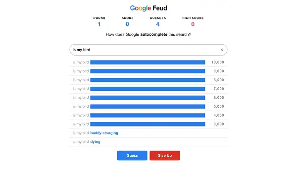 Google Feud - Play Free Online Google Feud gameplay screenshot showing a partial search query and hidden answer board