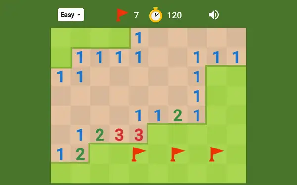 Google Minesweeper gameplay screenshot showing a partially cleared board with numbers and flags
