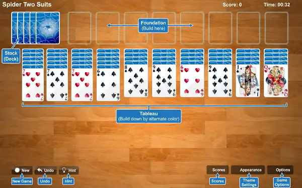 Solitaire 2 Suits - Play Free Online Spider Solitaire 2 Suits opening layout with ten tableau columns